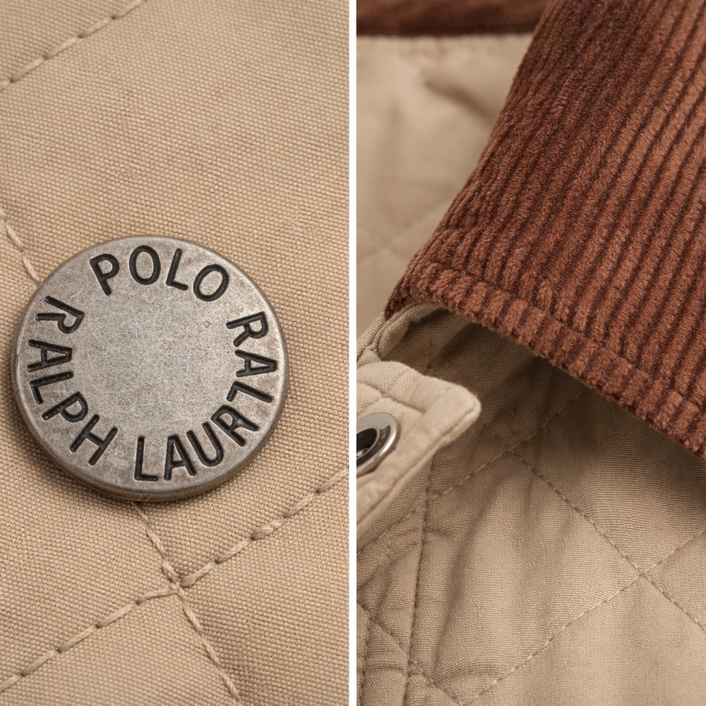 POLO Ralph Lauren Quilted Jacket Corduroy Collar Car Chore Barn Coat Tan Large - Picture 5 of 9